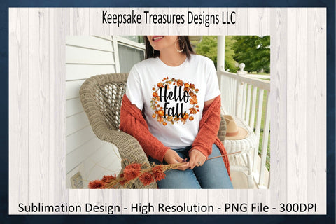 'Hello Fall' Encircled by Autumnal Wreath of Vibrant Leaves and Pumpkins Sublimation Keepsake Treasures Designs LLC. 