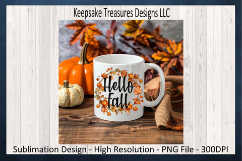 'Hello Fall' Encircled by Autumnal Wreath of Vibrant Leaves and Pumpkins Sublimation Keepsake Treasures Designs LLC. 