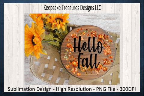 'Hello Fall' Encircled by Autumnal Wreath of Vibrant Leaves and Pumpkins Sublimation Keepsake Treasures Designs LLC. 