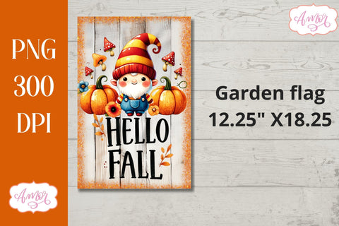 Hello fall garden flag sublimation design | Cute fall gnome Sublimation Amorclipart 