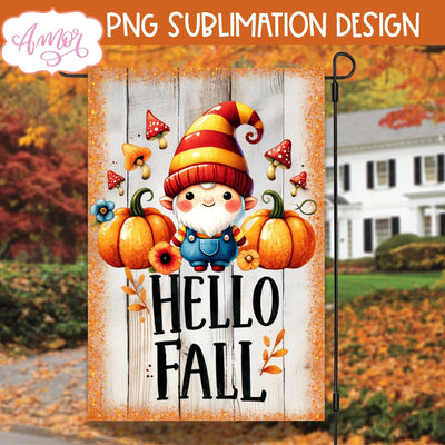 Hello fall garden flag sublimation design | Cute fall gnome Sublimation Amorclipart 
