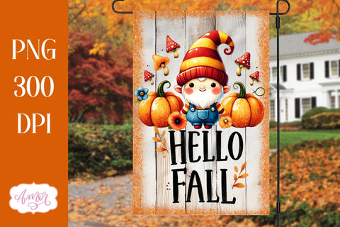 Hello fall garden flag sublimation design | Cute fall gnome Sublimation Amorclipart 