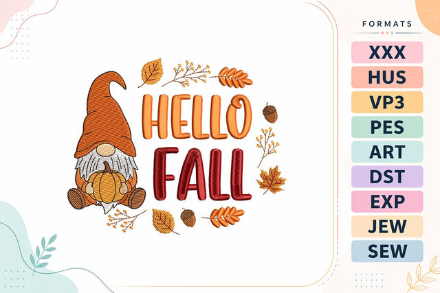 Hello Fall Gnome Pumpkin Autumn Embroidery Design Embroidery/Applique DESIGNS sg embroidery 