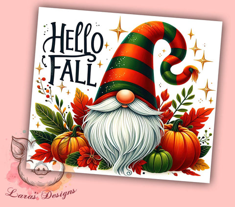 Hello Fall Gnome Pumpkin Tumbler Wrap, Hello Fall Tumbler, Gnome with Pumpkins, 20oz Wrap, Sublimation Design, Autumn Drinkware, Fall Decor, Harvest Cup Sublimation Lara' s Designs 