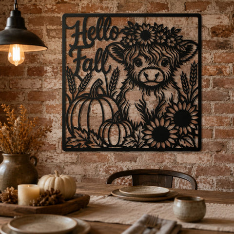 Hello Fall Highland Cow Laser SVG | Autumn Cow DXF | Pumpkin Sunflower Svg | Fall Farmhouse Sign | CNC Plasma Cut File SVG HappyDesignStudio 