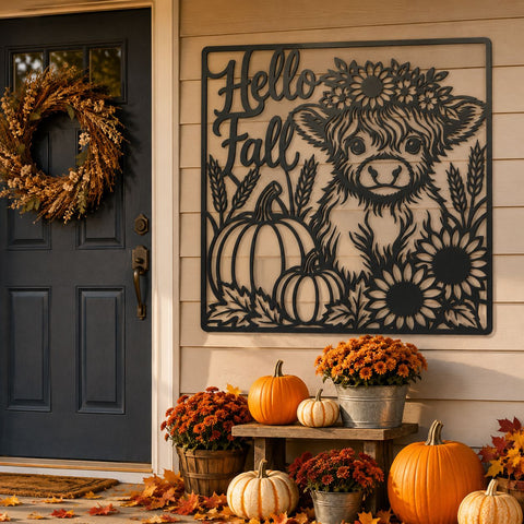 Hello Fall Highland Cow Laser SVG | Autumn Cow DXF | Pumpkin Sunflower Svg | Fall Farmhouse Sign | CNC Plasma Cut File SVG HappyDesignStudio 