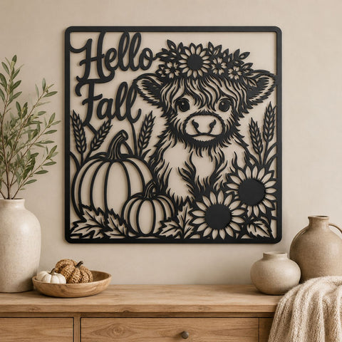 Hello Fall Highland Cow Laser SVG | Autumn Cow DXF | Pumpkin Sunflower Svg | Fall Farmhouse Sign | CNC Plasma Cut File SVG HappyDesignStudio 