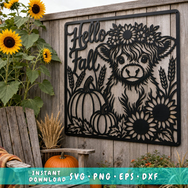 Hello Fall Highland Cow Laser SVG | Autumn Cow DXF | Pumpkin Sunflower Svg | Fall Farmhouse Sign | CNC Plasma Cut File SVG HappyDesignStudio 