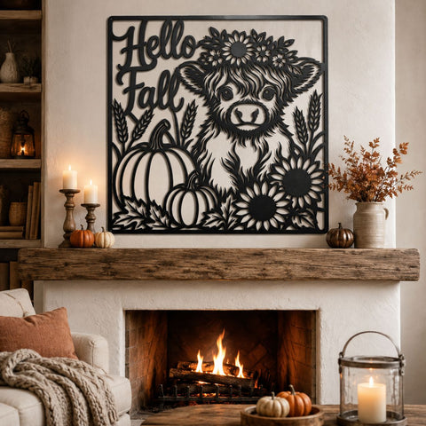 Hello Fall Highland Cow Laser SVG | Autumn Cow DXF | Pumpkin Sunflower Svg | Fall Farmhouse Sign | CNC Plasma Cut File SVG HappyDesignStudio 