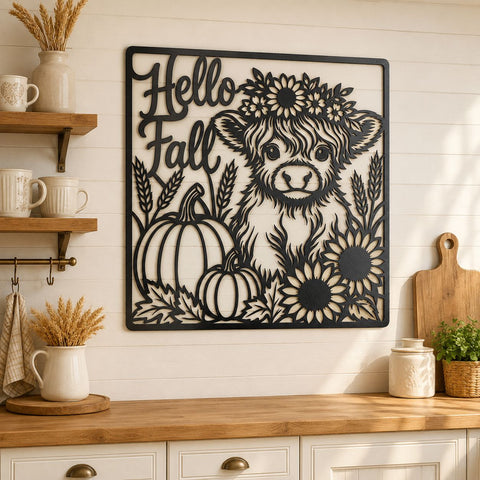 Hello Fall Highland Cow Laser SVG | Autumn Cow DXF | Pumpkin Sunflower Svg | Fall Farmhouse Sign | CNC Plasma Cut File SVG HappyDesignStudio 