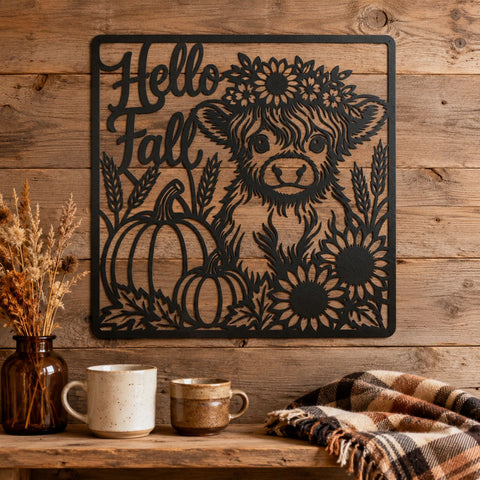 Hello Fall Highland Cow Laser SVG | Autumn Cow DXF | Pumpkin Sunflower Svg | Fall Farmhouse Sign | CNC Plasma Cut File SVG HappyDesignStudio 