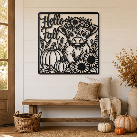 Hello Fall Highland Cow Laser SVG | Autumn Cow DXF | Pumpkin Sunflower Svg | Fall Farmhouse Sign | CNC Plasma Cut File SVG HappyDesignStudio 