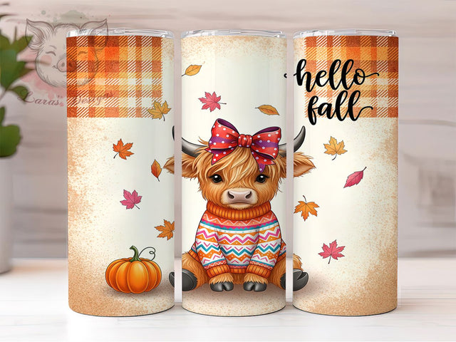 Hello Fall Highland Cow Tumbler Wrap, Hello Fall Png, 20oz Skinny Tumbler, Sublimation Download, Fall Cow Png, Farmhouse Tumbler, Fluffy Cow Tumbler Sublimation Lara' s Designs 