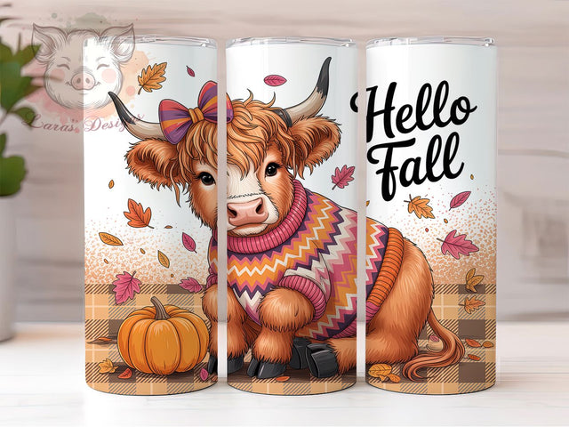 Hello Fall Highland Cow Tumbler Wrap, Hello Fall Png, 20oz Skinny Tumbler, Sublimation Download, Fall Cow Png, Farmhouse Tumbler, Fluffy Cow Tumbler Sublimation Lara' s Designs 