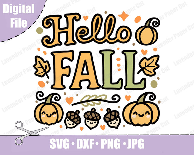 Hello Fall Layered SVG, PNG, Clipart, Autumn Season SVG, Kawaii Pumpkins, Fall Leaves, Cut file for Cricut and Silhouette SVG Lavender Paper Cut 