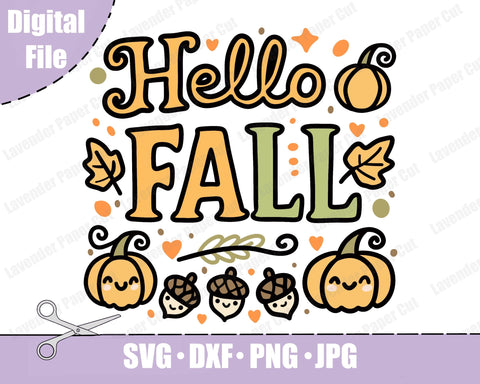 Hello Fall Layered SVG, PNG, Clipart, Autumn Season SVG, Kawaii Pumpkins, Fall Leaves, Cut file for Cricut and Silhouette SVG Lavender Paper Cut 