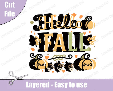 Hello Fall Layered SVG, PNG, Clipart, Autumn Season SVG, Kawaii Pumpkins, Fall Leaves, Cut file for Cricut and Silhouette SVG Lavender Paper Cut 