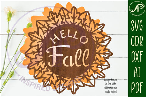 Hello fall leaf wreath wall sign svg laser cut file SVG APInspireddesigns 