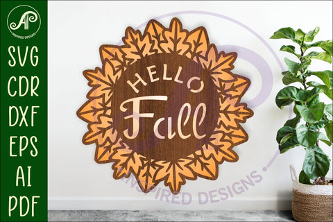 Hello fall leaf wreath wall sign svg laser cut file SVG APInspireddesigns 