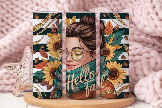 Hello Fall Messy Bun 20oz Tumbler Wrap Sublimation DesignSVG 