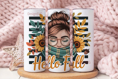 Hello Fall Messy Bun 20oz Tumbler Wrap Sublimation DesignSVG 