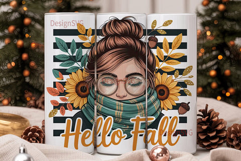 Hello Fall Messy Bun 20oz Tumbler Wrap Sublimation DesignSVG 
