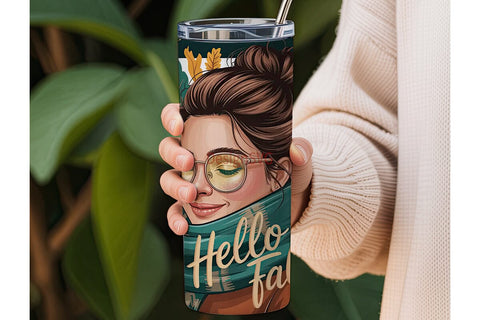 Hello Fall Messy Bun 20oz Tumbler Wrap Sublimation DesignSVG 