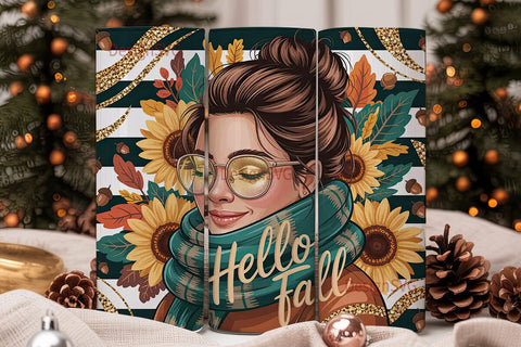Hello Fall Messy Bun 20oz Tumbler Wrap Sublimation DesignSVG 