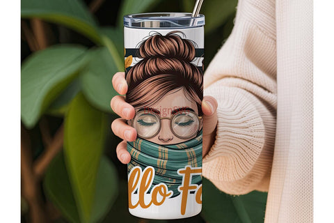 Hello Fall Messy Bun 20oz Tumbler Wrap Sublimation DesignSVG 