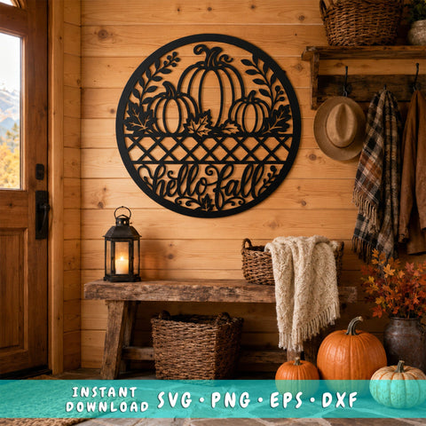 Hello Fall Pumpkin Laser SVG | Fall Pumpkin Svg | Autumn Metal Art DXF | Pumpkin CNC File | Fall Door Hanger Svg | Harvest Wall Decor SVG HappyDesignStudio 