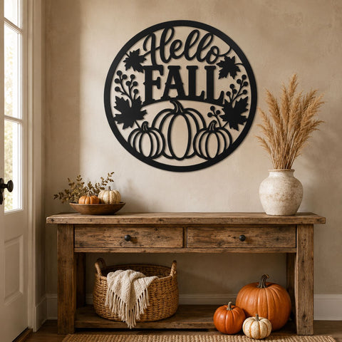 Hello Fall Pumpkin Sign Laser SVG | Fall Pumpkin DXF | Autumn Metal Wall Art | CNC Plasma Cut File | Round Fall Door Hanger SVG HappyDesignStudio 