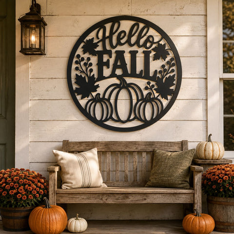 Hello Fall Pumpkin Sign Laser SVG | Fall Pumpkin DXF | Autumn Metal Wall Art | CNC Plasma Cut File | Round Fall Door Hanger SVG HappyDesignStudio 