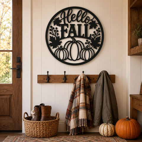 Hello Fall Pumpkin Sign Laser SVG | Fall Pumpkin DXF | Autumn Metal Wall Art | CNC Plasma Cut File | Round Fall Door Hanger SVG HappyDesignStudio 