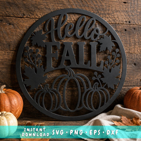 Hello Fall Pumpkin Sign Laser SVG | Fall Pumpkin DXF | Autumn Metal Wall Art | CNC Plasma Cut File | Round Fall Door Hanger SVG HappyDesignStudio 
