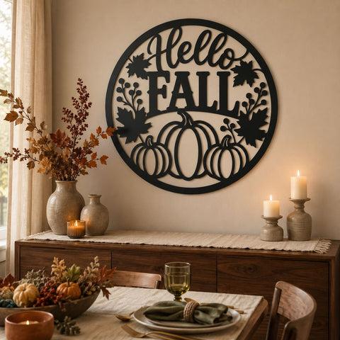 Hello Fall Pumpkin Sign Laser SVG | Fall Pumpkin DXF | Autumn Metal Wall Art | CNC Plasma Cut File | Round Fall Door Hanger SVG HappyDesignStudio 