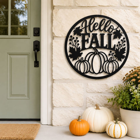 Hello Fall Pumpkin Sign Laser SVG | Fall Pumpkin DXF | Autumn Metal Wall Art | CNC Plasma Cut File | Round Fall Door Hanger SVG HappyDesignStudio 