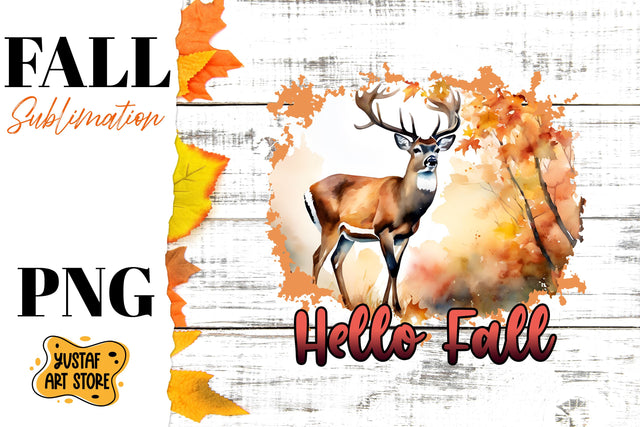 Hello Fall sublimation design. Fall deer in forest Sublimation Yustaf Art Store 
