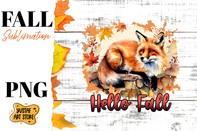 Hello Fall sublimation design. Fall Fox in forest Sublimation Yustaf Art Store 