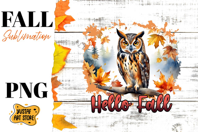 Hello Fall sublimation design. Fall Owl in forest Sublimation Yustaf Art Store 