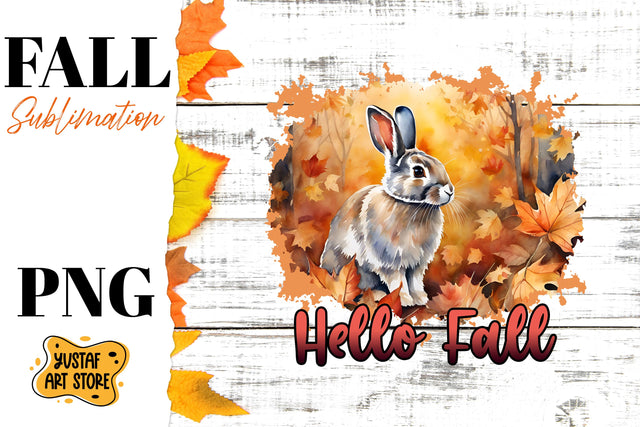 Hello Fall sublimation design. Fall Rabbit in forest Sublimation Yustaf Art Store 
