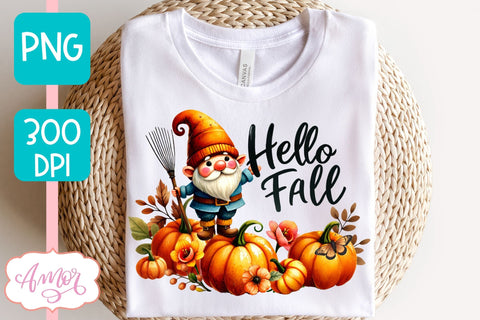 Hello fall sublimation PNG | cute fall gnome PNG design Sublimation Amorclipart 