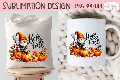 Hello fall sublimation PNG | cute fall gnome PNG design Sublimation Amorclipart 