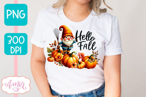 Hello fall sublimation PNG | cute fall gnome PNG design Sublimation Amorclipart 