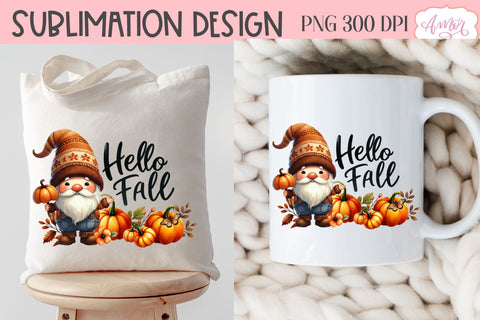 Hello fall sublimation PNG | cute fall gnome PNG design Sublimation Amorclipart 