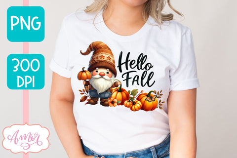 Hello fall sublimation PNG | cute fall gnome PNG design Sublimation Amorclipart 