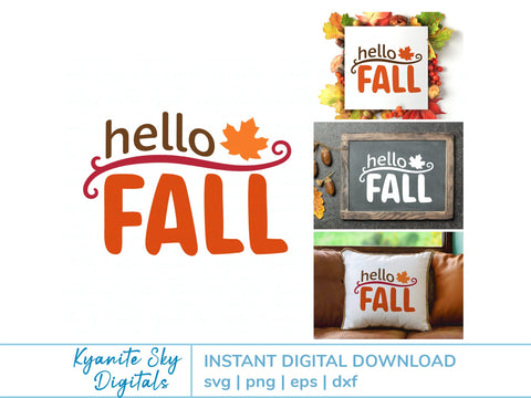Hello Fall SVG phrase with leaf flourish SVG Kyanite Sky Digitals 