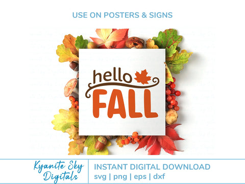 Hello Fall SVG phrase with leaf flourish SVG Kyanite Sky Digitals 