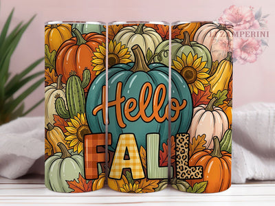 Hello Fall Teal Pumpkin 20oz Tumbler, Fall Pumpkin Motif, Teal Autumn Design, Seasonal Theme, Rustic Accent, Festive Charm, Sublimation Wrap, 20oz Tumbler Sublimation Li Zamperini 