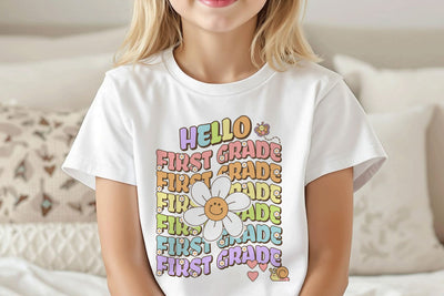 Hello First Grade Sublimation Design – Cute Daisy Back to School PNG for Kids Sublimation BijouBay 