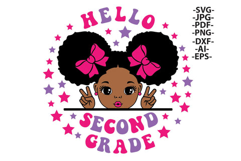 Hello Second Grade Girl SVG PNG EPS PDF Clipart Afro Puffs Peace Sign Back to School Sublimation Design for Teachers and Students SVG 1uniqueminute 